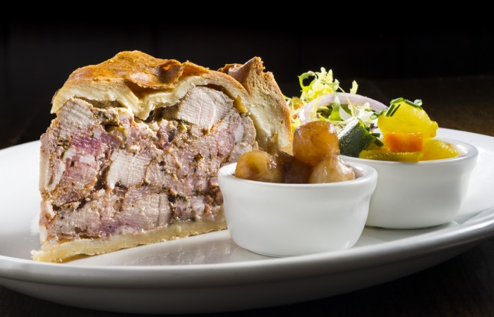 Blue Lion Inn, East Witton, Homemade Pork Pie with onions and Piccalilli 
